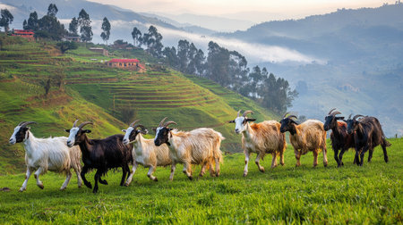 A picturesque scene of a herd of goats walking through lush green pastures with rolling hills and misty mountains in the background.の素材