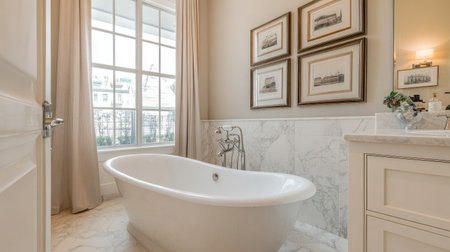 This image features an elegant bathroom showcasing a freestanding bathtub, marble accents, and framed artwork. The serene atmosphere offers a perfect space for relaxation and comfort.の素材