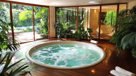A serene indoor spa featuring a relaxing bathtub surrounded by lush tropical plants. This tranquil setting offers a perfect escape for wellness and relaxation.の素材