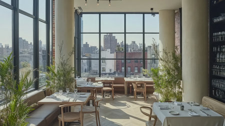 A bright and elegant restaurant interior featuring modern furniture and large windows showcasing a stunning city view. Perfect for dining experiences.の素材