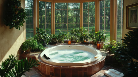 A serene bathroom featuring a hot tub surrounded by lush greenery and large windows. Natural light creates a tranquil atmosphere for relaxation and wellness.の素材