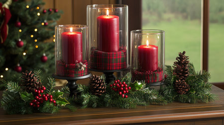Brighten your holiday season with a cozy candle display featuring red candles, pinecones, and greenery, perfect for winter celebrations and warm gatherings.の素材