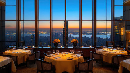 Experience a stunning sunset view from an elegant dining setting, featuring beautifully arranged tables and a breathtaking city skyline in the background.の素材