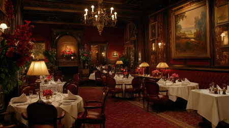 This image features a luxurious dining room with classic decor, elegant lighting, and beautiful floral arrangements, creating an inviting and upscale atmosphere.の素材