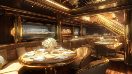 Experience the opulent ambiance of a luxury dining room featuring elegant decor, beautiful floral arrangements, and stylish seating for a fine dining occasion.の素材