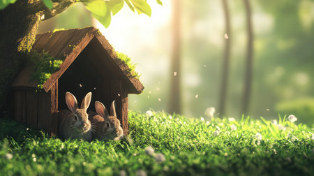 Two cute rabbits relax in a cozy wooden house, surrounded by lush green grass and soft sunlight, creating a serene, peaceful scene in nature.の素材