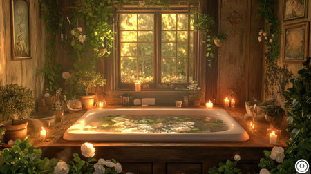 Experience tranquility in this serene bathroom scene, featuring a beautiful tub surrounded by lush greenery and soft candlelight. The sunlight streaming through the window creates a warm and inviting atmosphere, perfect for relaxation and self-care.の素材