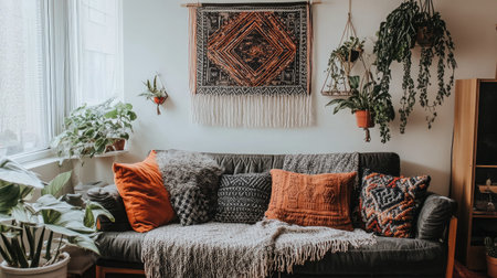 Discover a cozy living room showcasing vibrant plants, textured cushions, and warm tones. A perfect blend of comfort and style in an inviting space.の素材