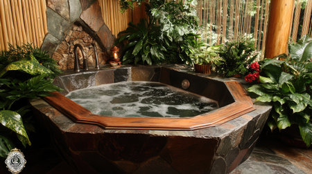 Experience the tranquility of a relaxing spa environment featuring a luxurious hot tub surrounded by lush greenery, creating a perfect escape for rejuvenation.の素材