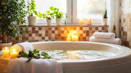 A tranquil bathroom scene featuring a spacious tub filled with water, surrounded by candles and greenery. Enjoy a spa-like atmosphere perfect for relaxation and self-care.の素材