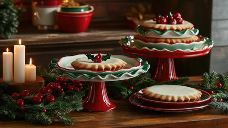 A charming holiday dessert display featuring elegant cake stands, festive decorations, and a cozy ambiance to enhance your seasonal celebrations.の素材