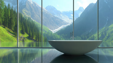 Stunning view from a modern bathroom showcasing a sleek tub framed by floor-to-ceiling windows, revealing majestic mountains and lush greenery outside.の素材
