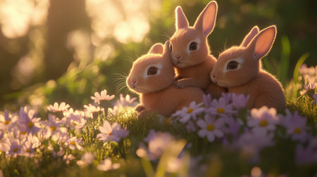 Three delightful baby rabbits sit amidst blooming flowers in a serene meadow, bathed in warm evening light, capturing a moment of tranquility and joy.の素材