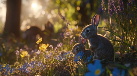 Two adorable rabbits sit among colorful flowers in a sunlit meadow, capturing the beauty of nature and the essence of spring in a serene moment.の素材