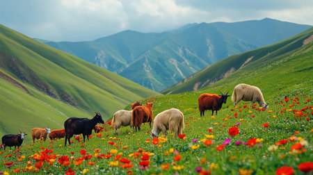A serene landscape featuring cattle and sheep grazing peacefully among vibrant flowers. Rolling green hills and majestic mountains create a picturesque backdrop.の素材