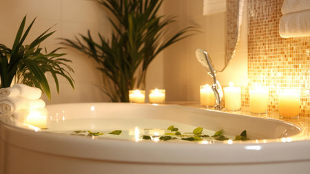 Enjoy a serene spa experience with a beautifully designed bathtub surrounded by candles and green plants, perfect for relaxation and rejuvenation.の素材