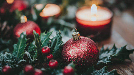 A cozy arrangement featuring red ornaments and glowing candles surrounded by greenery, perfect for celebrating the festive holiday spirit.の素材