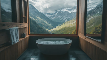 Immerse in serenity with this modern bathroom featuring a freestanding tub and stunning mountain views through a large window. Perfect for relaxation.の素材