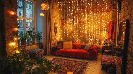 A cozy living room filled with warm ambiance from string lights and lush plants. The inviting space features plush cushions and elegant decor, perfect for relaxation.の素材