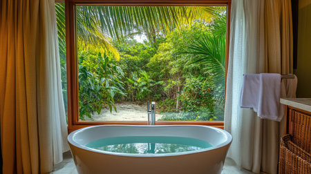 Enjoy a serene bathroom scene featuring a modern bathtub with a stunning nature view through large windows, creating a peaceful and relaxing atmosphere.の素材