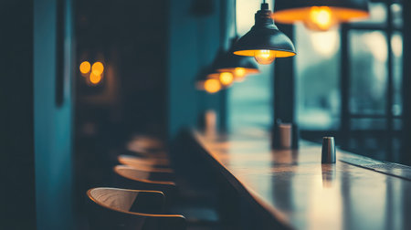 A cozy cafe interior featuring warm lighting that creates an inviting atmosphere. The empty wooden counter and modern decor offer a peaceful setting for relaxation or enjoying a drink.の素材