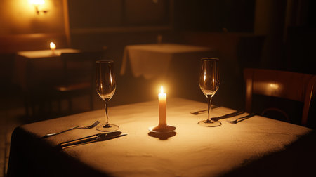 A charming candlelit dinner table in a cozy restaurant creates a romantic atmosphere, perfect for intimate conversations and special occasions.の素材