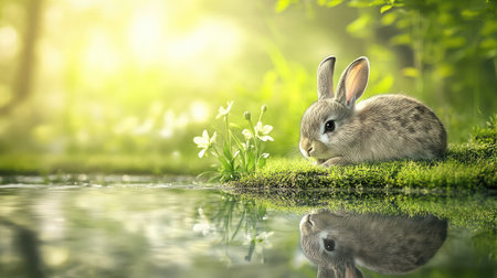 A tranquil scene featuring a cute rabbit sitting by the water's edge, reflecting in the calm surface. Bright flowers bloom in the gentle sunlight, creating a serene atmosphere.の素材