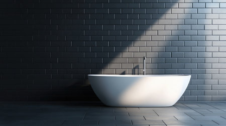 This image showcases a sleek modern bathtub in a minimalistic bathroom setting, enhanced by natural light and dark tile, creating a serene and luxurious atmosphere.の素材