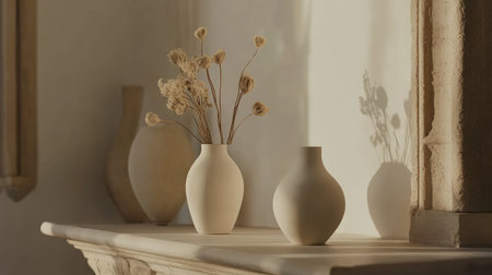This serene arrangement features elegant vases with dried flowers, casting soft shadows in warm light, perfect for showcasing minimalist home decor style.の素材