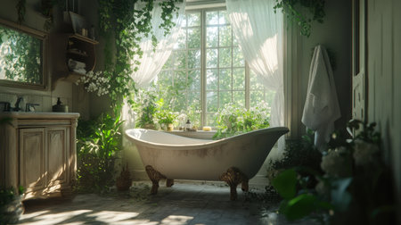 A tranquil bathroom featuring a vintage bathtub surrounded by lush greenery, sunlight streaming through a window, offering a serene and relaxing atmosphere.の素材