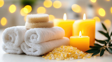 A tranquil spa setting featuring soft towels, glowing candles, and soothing bath salts, perfect for creating a calming atmosphere for relaxation and self-care.の素材
