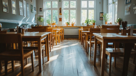A cozy restaurant interior featuring wooden tables and sunlight streaming through large windows. Ideal for a casual dining experience with a warm atmosphere.の素材
