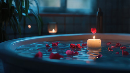Experience serenity with a candlelit bath adorned with rose petals, creating a peaceful ambiance for relaxation and self-care. Perfect for rejuvenation.の素材