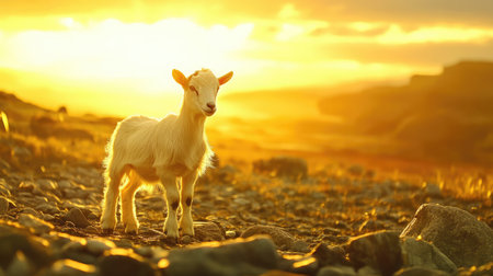 A young goat stands amidst a golden sunset landscape, showcasing the beauty of nature. This serene scene captures the essence of rural tranquility.の素材
