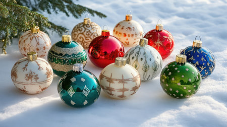 A vibrant collection of decorative Christmas ornaments resting on a snowy surface, showcasing various intricate designs and rich colors, perfect for holiday themes.の素材