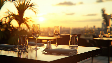 A beautifully set dining table with elegant glassware against a stunning sunset view. This image captures the warmth and charm of an outdoor dining experience.の素材