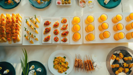 A vibrant table spread featuring an array of appetizers and refreshing drinks, perfect for gatherings, parties, and elegant celebrations. Enjoy the colorful presentation and delicious flavors.の素材