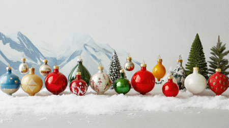 A beautiful display of colorful Christmas ornaments resting on snow, set against a serene winter landscape featuring mountains and trees. Perfect for holiday themes.の素材