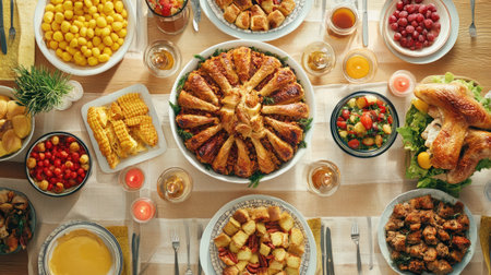 A vibrant festive table filled with an array of delicious dishes, inviting guests to celebrate with a colorful meal featuring traditional favorites and seasonal delights.の素材