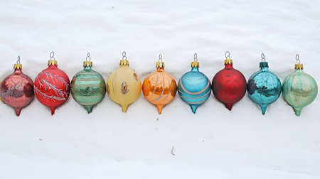 A vibrant collection of colorful ornaments displayed beautifully against a snowy background, perfect for capturing the spirit of the holiday season.の素材