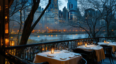 A serene view from an elegant restaurant overlooking a city skyline at dusk, featuring softly lit tables set for an intimate dining experience.の素材