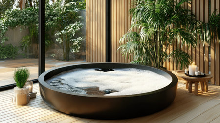 A serene and modern spa bathroom featuring a round soaking bathtub with bubbles, surrounded by lush greenery and soft candlelight for ultimate relaxation.の素材