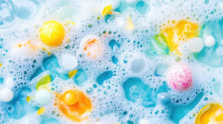 A vibrant and playful arrangement of colorful bubbles and balls floating in soap foam, creating a cheerful and refreshing background perfect for creative projects.の素材