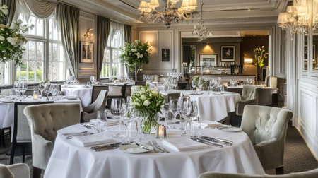 Dining room showcases luxury decor with elegant tables, floral arrangements, and ambient lighting, perfect for special occasions or fine dining experiences.の素材