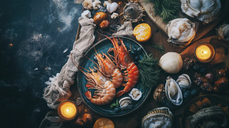 A beautifully arranged seafood platter featuring fresh shrimp, oysters, and clams on a rustic table, accented by candlelight, perfect for culinary enthusiasts.の素材