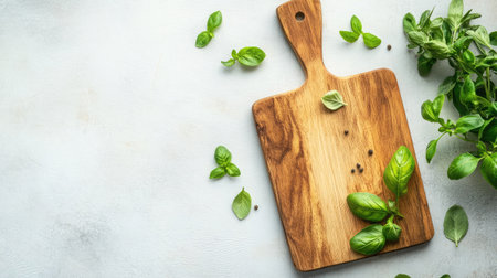 A wooden cutting board with fresh basil and oregano surrounded by greenery, perfect for culinary projects or food photography. Emphasizes freshness.の素材