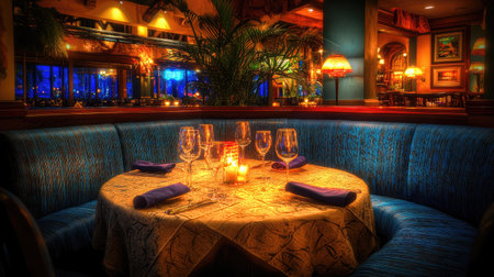 A cozy dinner table set for two in an elegant restaurant, featuring candlelight and a warm ambiance. Ideal for romantic evenings or special occasions.の素材