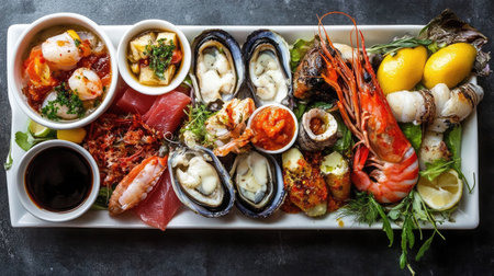 A vibrant assortment of seafood on a white platter, featuring shrimp, oysters, crab, and fresh herbs, perfect for any dining occasion or gourmet experience.の素材