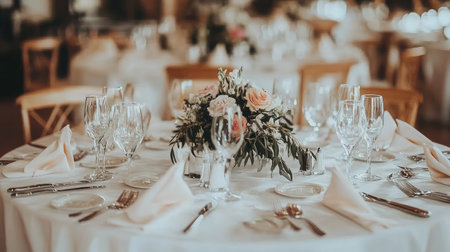 A beautifully arranged dining table featuring an elegant floral centerpiece, perfect for weddings, parties, and special events, showcasing refinement and style.の素材