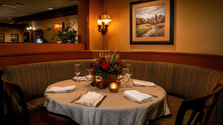 A cozy restaurant table set for an intimate dining experience, featuring elegant floral arrangement, soft lighting, and a warm ambience for memorable moments.の素材